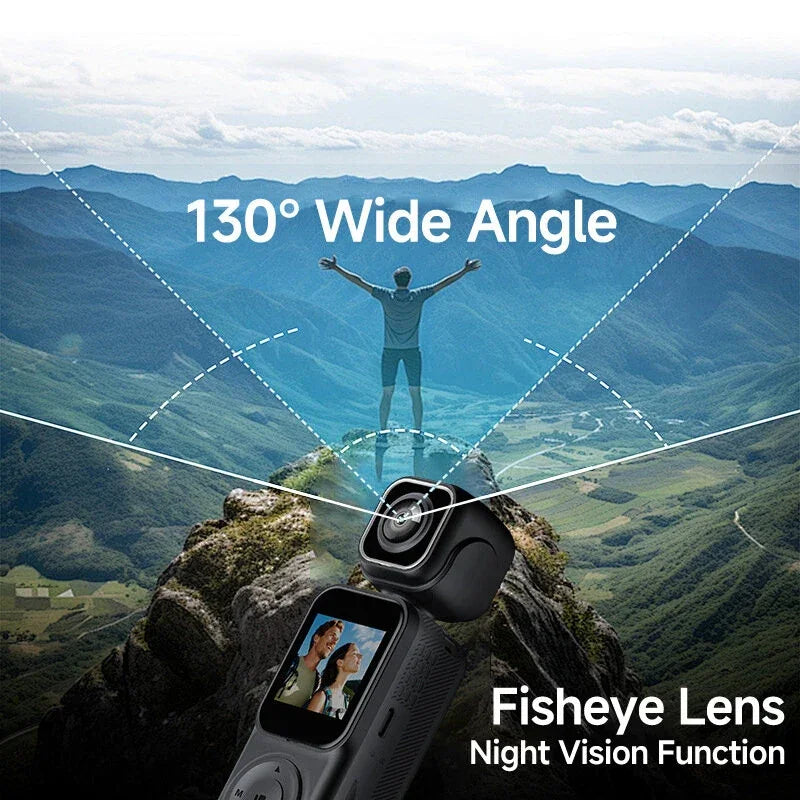 Action camera with fisheye lens, 130° wide angle, overlooking mountain landscape