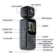 Action camera with dual front and rear cameras, 180° rotation, display, and labeled ports.