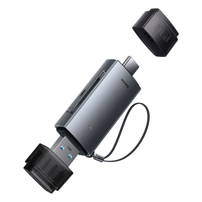 Baseus USB-C multiport hub with USB, SD card slots, and detachable caps