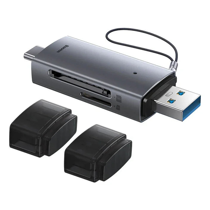 Gray Baseus USB card reader with SD and microSD slots, two black caps on white background