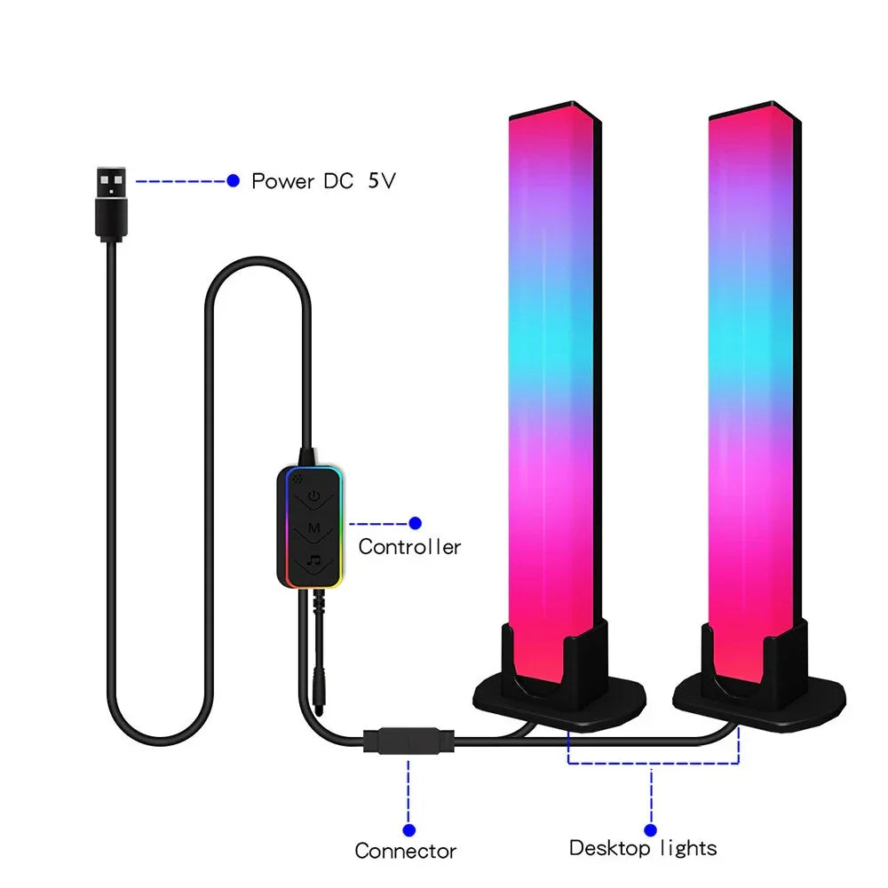 RGB LED desktop light bars with USB power, controller, and labeled connector cables.