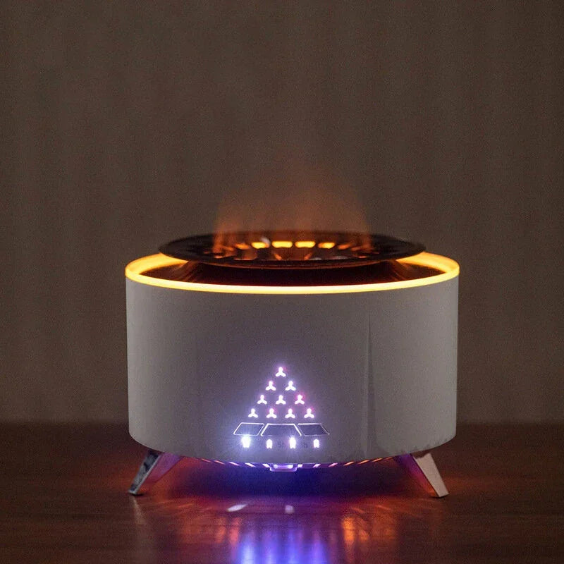 Modern tabletop fire pit heater with LED lights on wooden surface, ambient lighting
