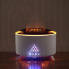 Modern tabletop fire pit heater with LED lights on wooden surface, ambient lighting