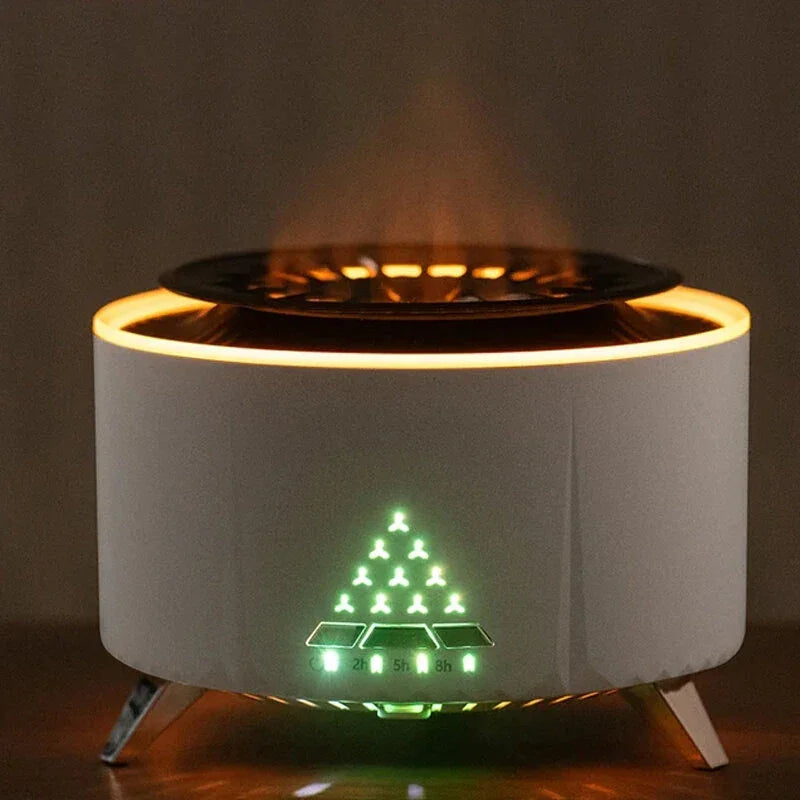Modern air purifier with LED display and warm ambient lighting on a wooden surface