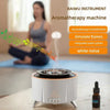 Aromatherapy machine diffuser with humidification, flame simulation, audio, and essential oil, woman meditating in background.