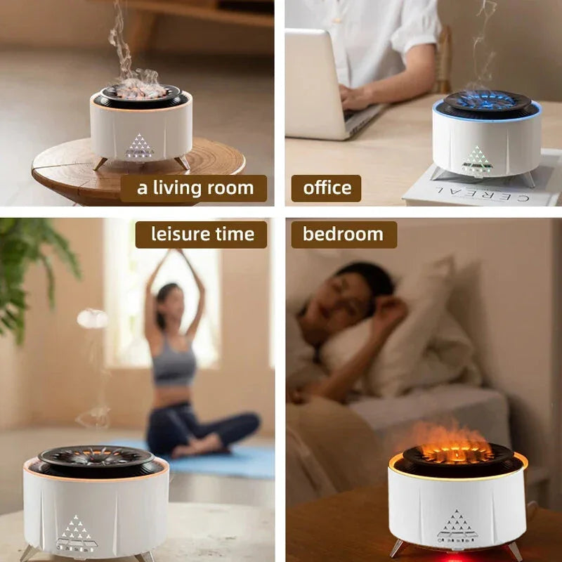 Aromatherapy diffuser in living room, office, leisure time, and bedroom settings.