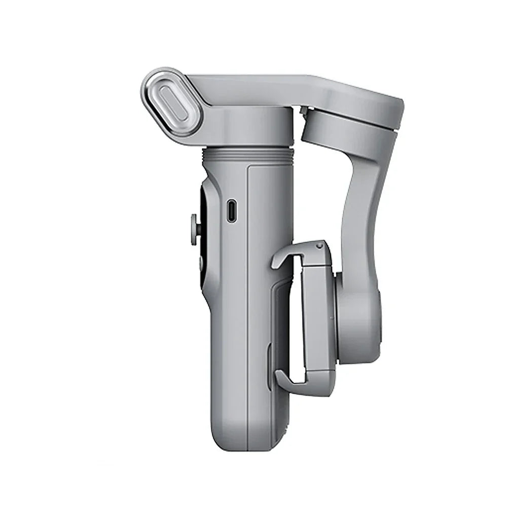 Folded gray handheld smartphone gimbal stabilizer on white background