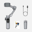 Gray smartphone gimbal stabilizer set with tripod, USB cable, and instruction card on white background