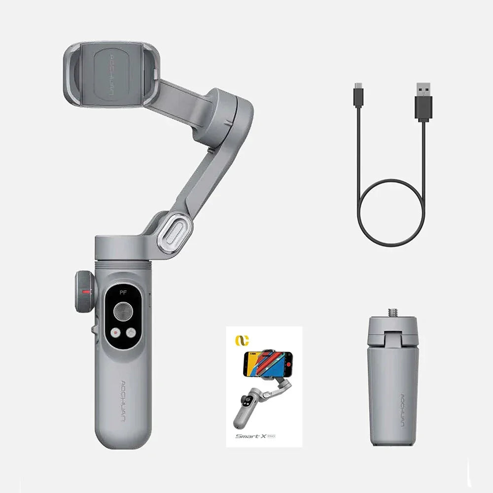 Gray smartphone gimbal stabilizer set with tripod, USB cable, and instruction card on white background
