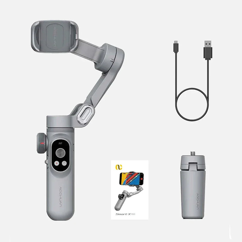 Gray smartphone gimbal stabilizer set with tripod, USB cable, and instruction card on white background