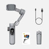 Gray smartphone gimbal stabilizer set with tripod, USB cable, and instruction card on white background