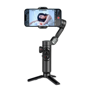 Smartphone gimbal stabilizer tripod holding phone with woman on screen, filming setup