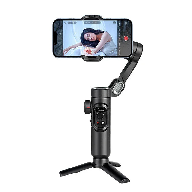 Smartphone gimbal stabilizer tripod holding phone with woman on screen, filming setup