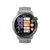 Silver smartwatch with round touch screen displaying colorful app icons on white background
