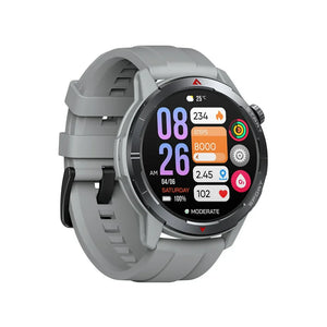 Gray smartwatch with fitness tracker display, step count and health stats on screen