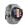 Gray smartwatch with fitness tracker display, step count and health stats on screen