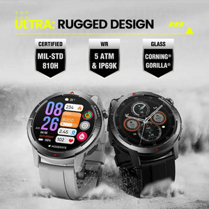 Rugged smartwatches with MIL-STD 810H, 5 ATM, Gorilla Glass, dust and sand resistant design.