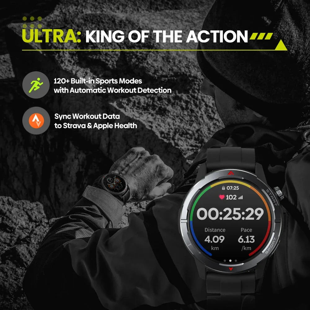 Ultra smart sports watch on athlete’s wrist, fitness stats and features highlighted, outdoor setting