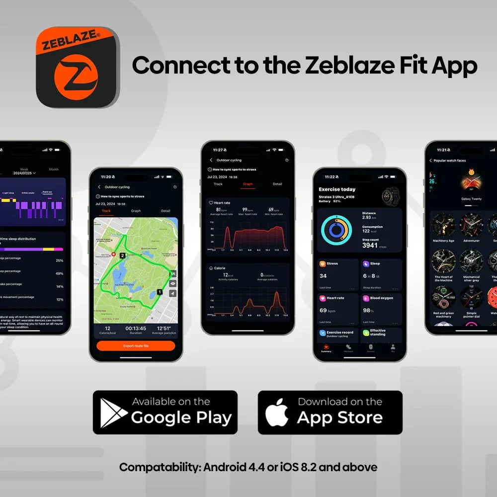 Zeblaze Fit App on smartphone screens with fitness tracking features and Google Play, App Store icons.