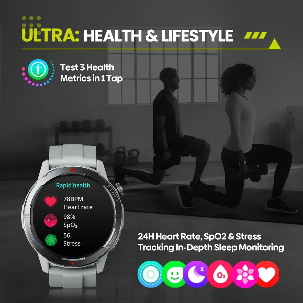 Smartwatch health tracker display with heart rate, SpO2, stress metrics, two people exercising indoors
