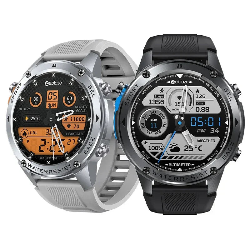 Two Zeblaze waterproof smartwatches with digital fitness and weather displays, grey and black bands