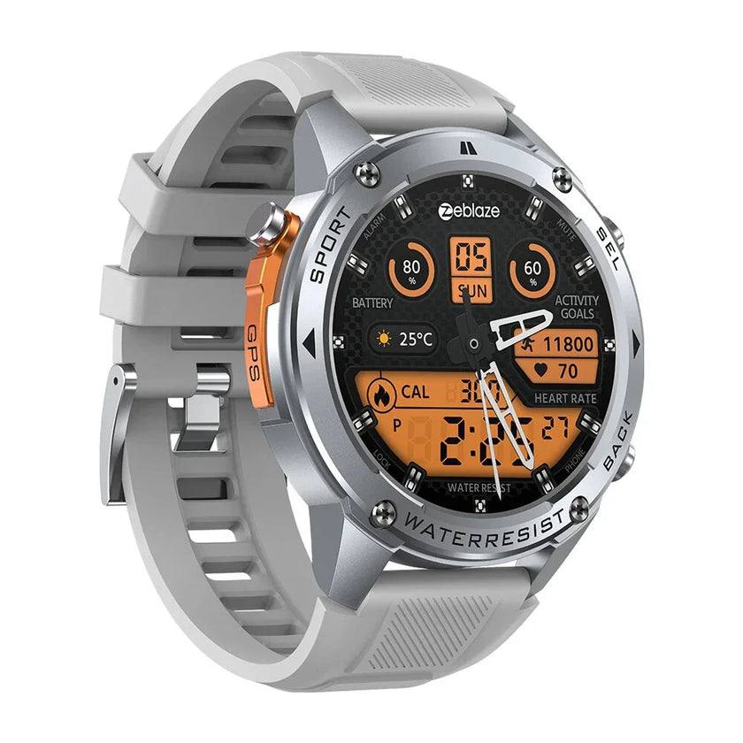 Silver Zeblaze sport smartwatch with orange digital display, fitness tracking, gray band