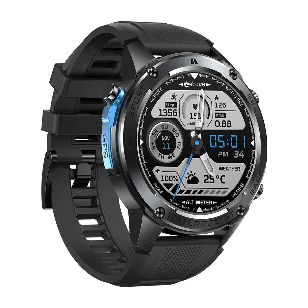 Black Zeblaze GPS smartwatch with round touch display showing steps, weather, heart rate.