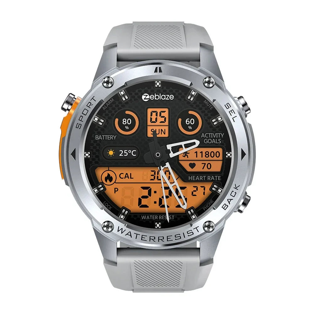 Zeblaze smart sports watch with gray band, digital display, and fitness tracking features