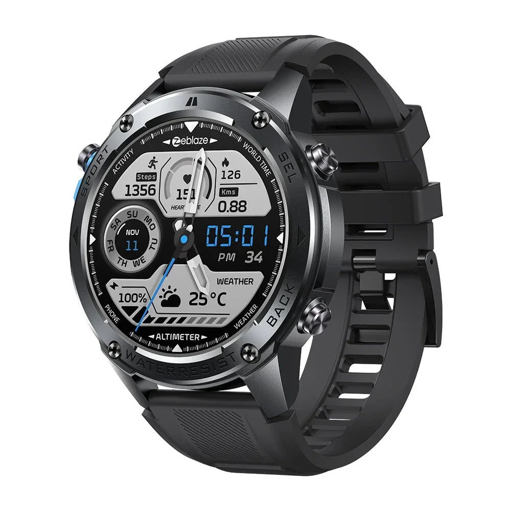 Black Zeblaze smart watch with digital and analog display, fitness and weather tracking