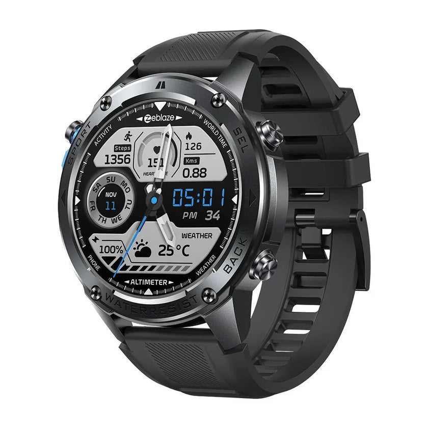 Black Zeblaze smart watch with digital and analog display, fitness and weather tracking
