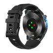 Back view of smart sports watch with heart rate sensor lights and black silicone band