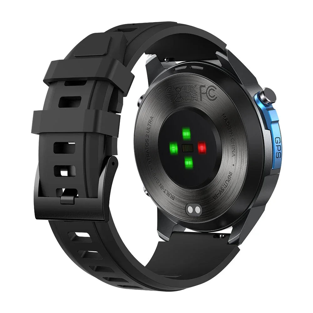 Back view of smart sports watch with heart rate sensor lights and black silicone band