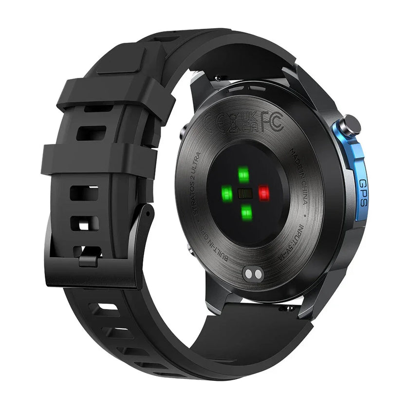 Back view of smart sports watch with heart rate sensor lights and black silicone band