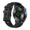 Back view of smart sports watch with heart rate sensor lights and black silicone band