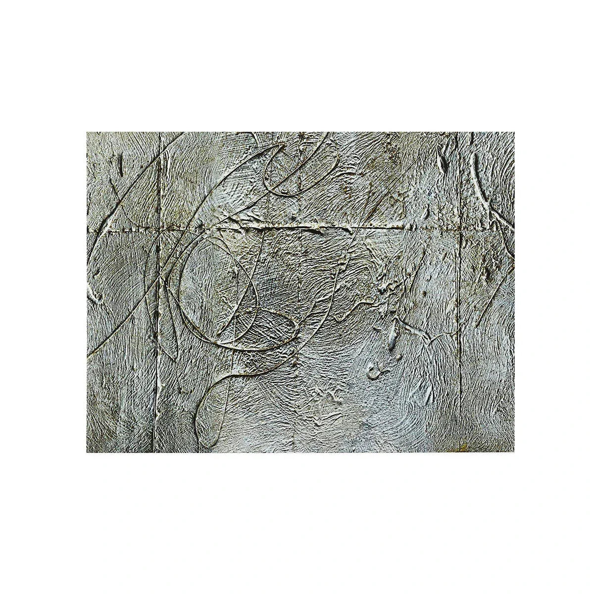 Abstract textured wall art with gray swirls and lines on a white background