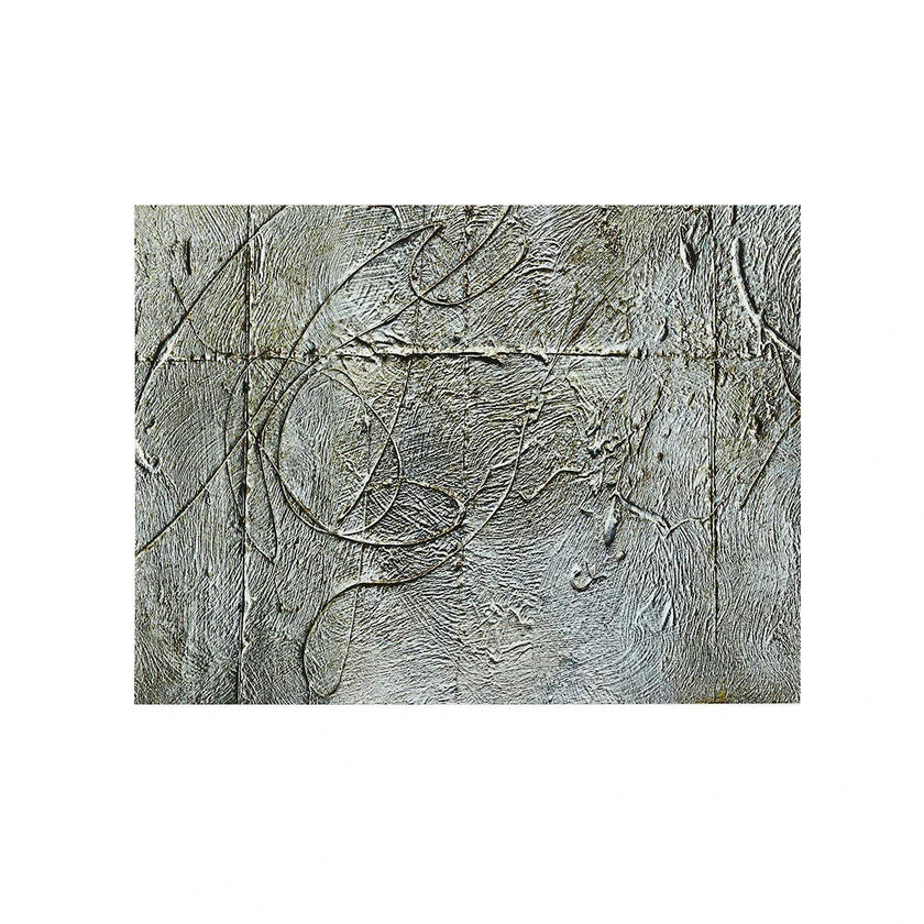 Abstract textured wall art with gray swirls and lines on a white background