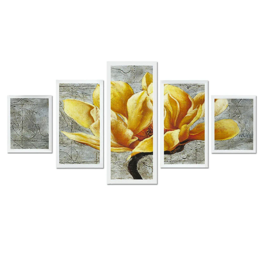 Five-panel wall art with yellow magnolia flowers on a textured gray background