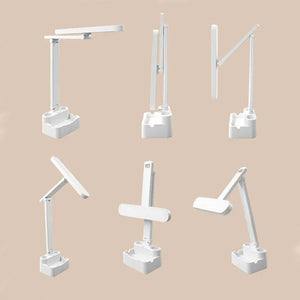 Adjustable white LED desk lamp with storage base shown in six positions on beige background
