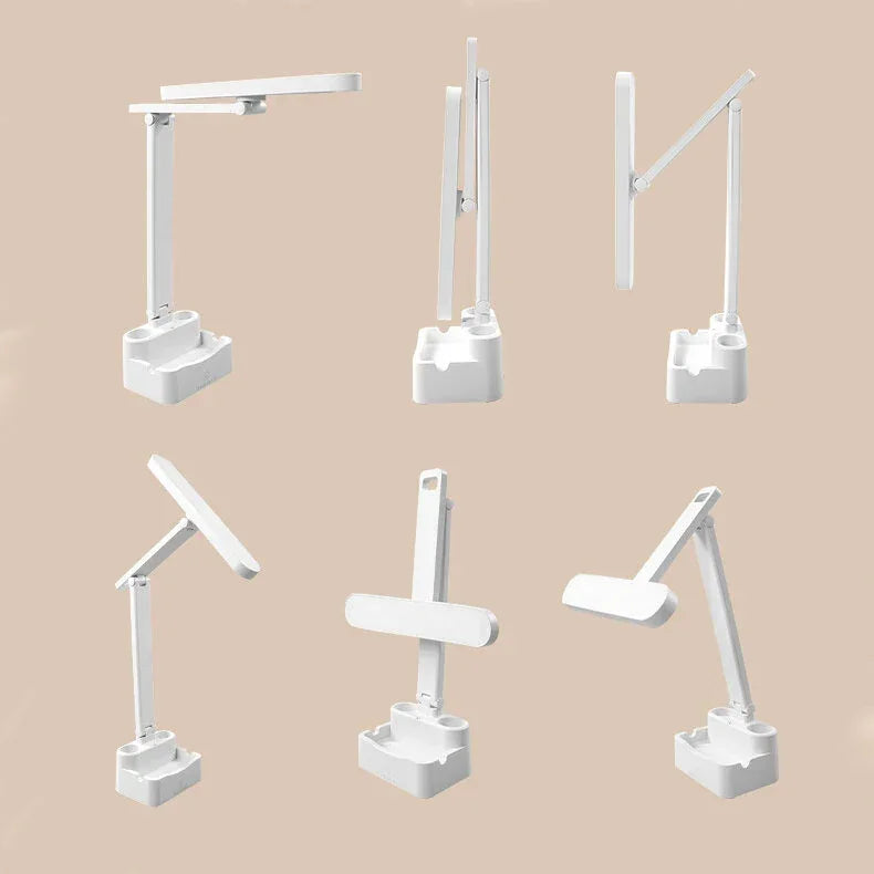 Adjustable white LED desk lamp with storage base shown in six positions on beige background