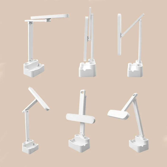 Adjustable white LED desk lamp with storage base shown in six positions on beige background