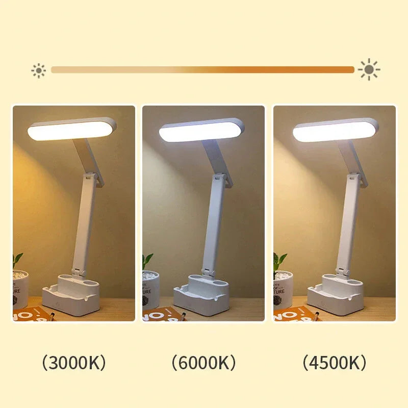 LED desk lamp showing adjustable color temperatures 3000K, 6000K, and 4500K on wooden table