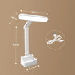 Adjustable white LED desk lamp with dimensions and USB charging cable on brown background