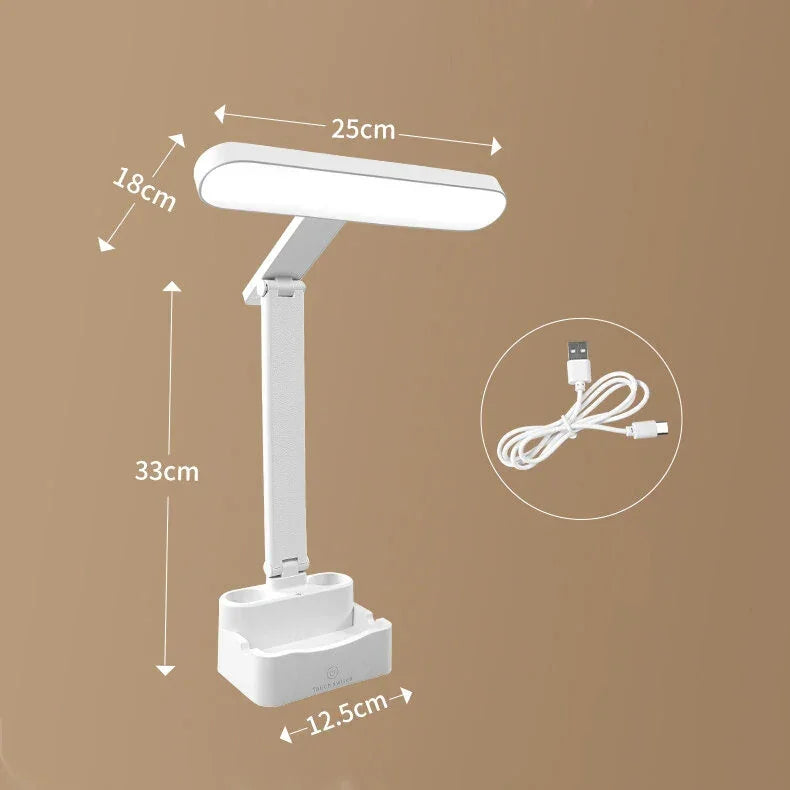 Adjustable white LED desk lamp with dimensions and USB charging cable on brown background