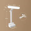 Adjustable white LED desk lamp with dimensions and USB charging cable on brown background