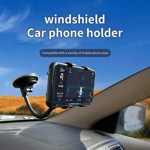 Windshield car phone holder mounted on dashboard with smartphone and navigation app displayed.