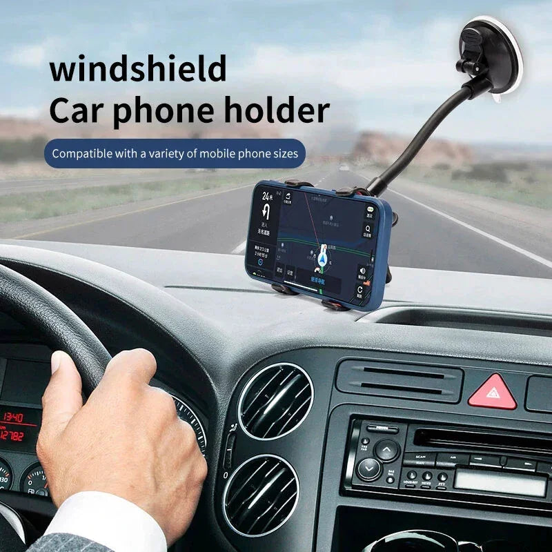 Windshield car phone holder with GPS navigation, mounted on dashboard in moving vehicle
