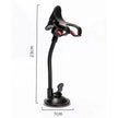 Black adjustable phone holder with suction base, 23cm tall, 7cm wide, white background