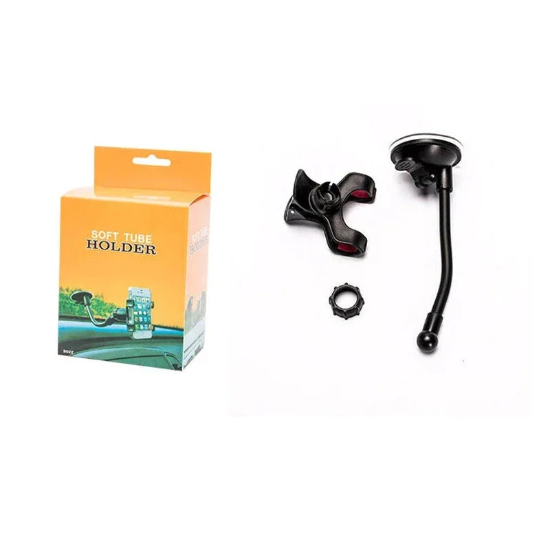 Soft tube car phone holder with suction mount, clamp, and packaging on white background