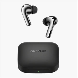 OnePlus black wireless earbuds with charging case on white background
