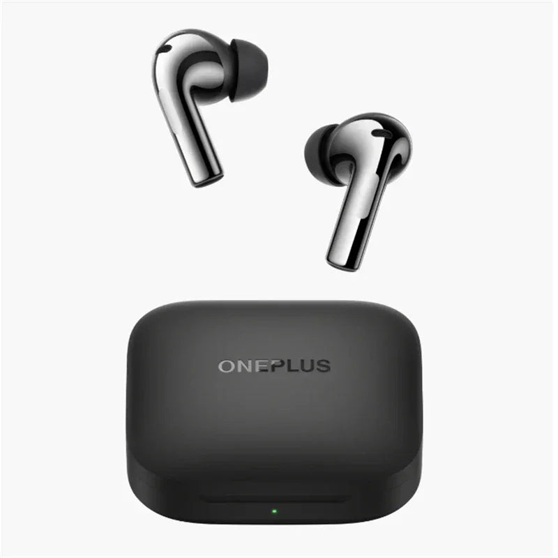OnePlus black wireless earbuds with charging case on white background